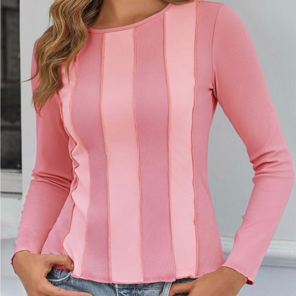 New Fitted Long Sleeve Shirt Pink Ribbed Knit Top Y2k Casual Crew Neck Tee Shirt